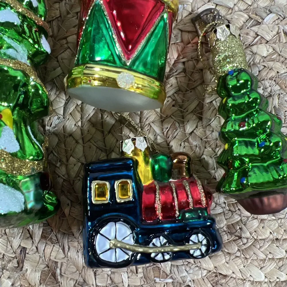 Vintage Thomas Pacconi Glass Christmas Tree 3.5” & 6.5” + Drum Train Ornaments